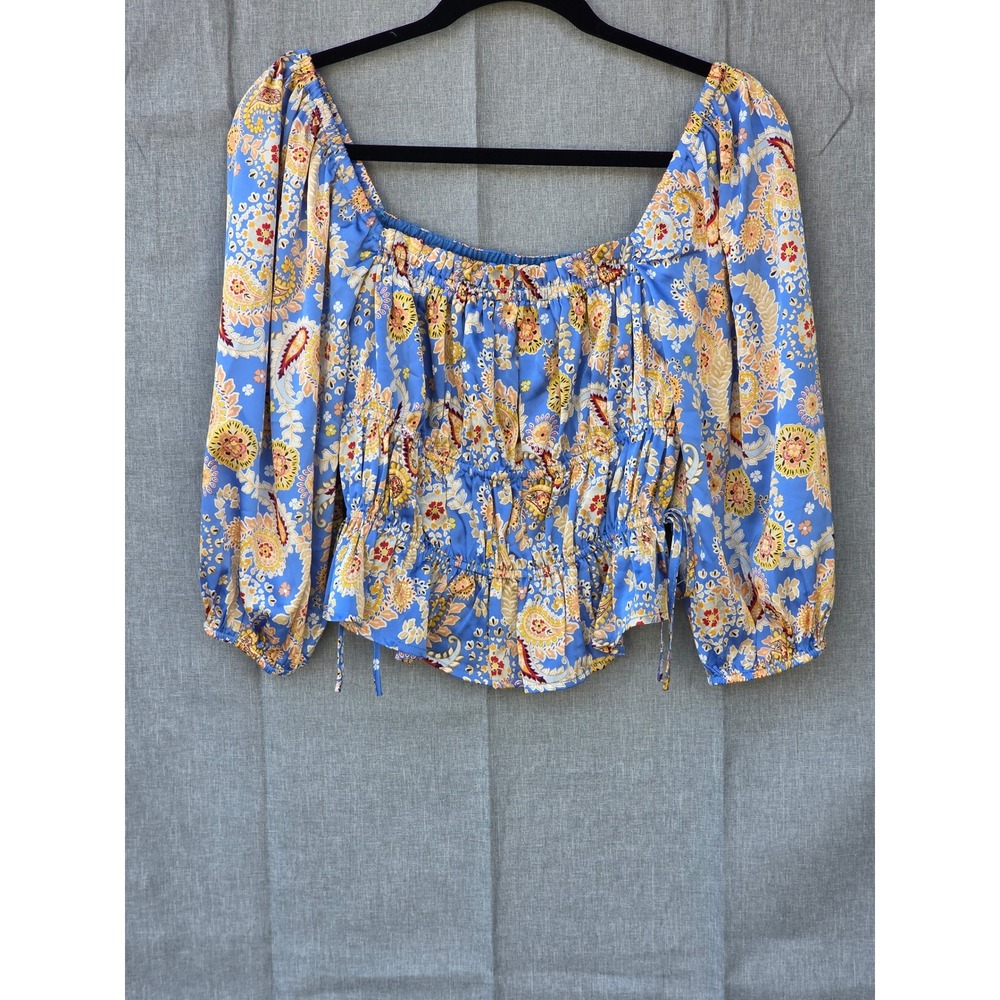 Lulus Blue Paisley Floral Smocked Waist Puff Sleeve Blouse Top 9T1809 Small